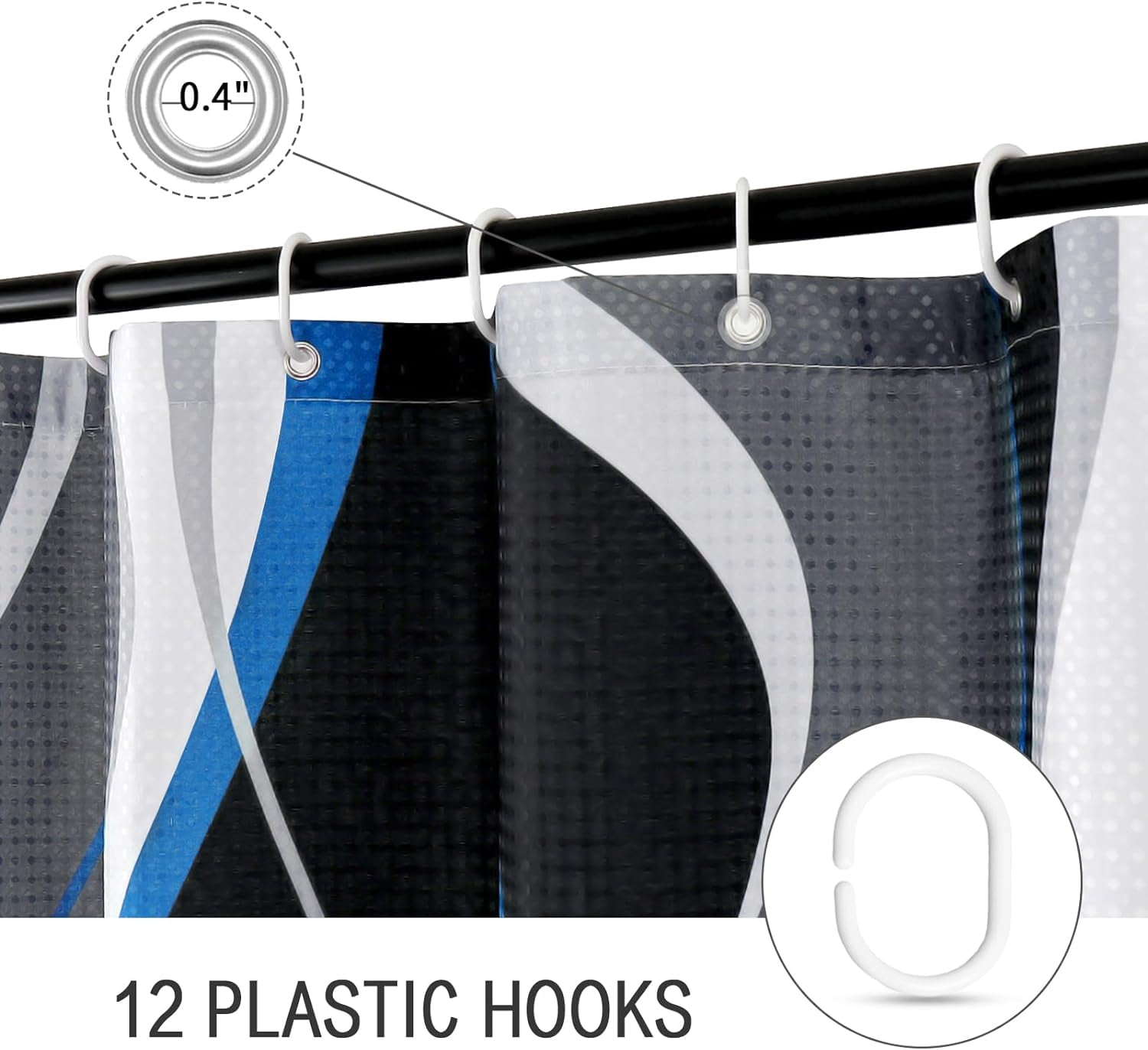 Abstract Blue Shower Curtain, Black and Grey Modern Bathroom Decor Accessories, Waffle Weave Textured Fabric Shower Curtain Set with Hooks, 72x72