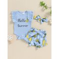 thumbnail image 4 of Suagox Baby Girl 3Pcs Clothes Set Summer Outfits Letter Print Fly Sleeve Rompers Fruits Print Bowknot Shorts Headband for 0-18 Months Baby, 4 of 10
