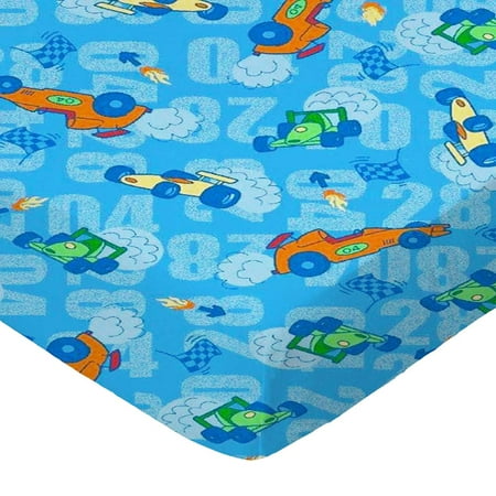 SheetWorld Fitted 100% Cotton Percale Play Yard Sheet Fits BabyBjorn Travel Crib Light 24 x 42, Race Cars Blue