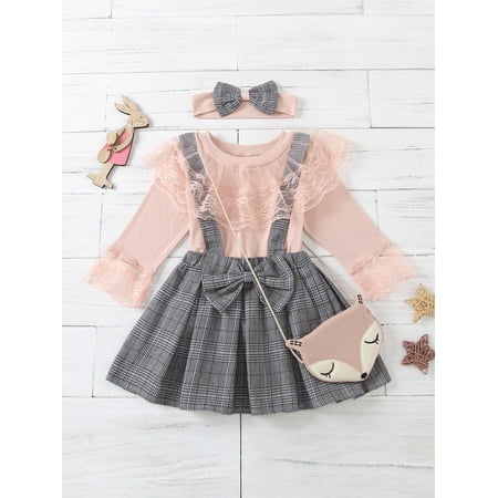 

Toddler Girls Lace Panel Tee Plaid Skirt Headband Multicolor Preppy A040W