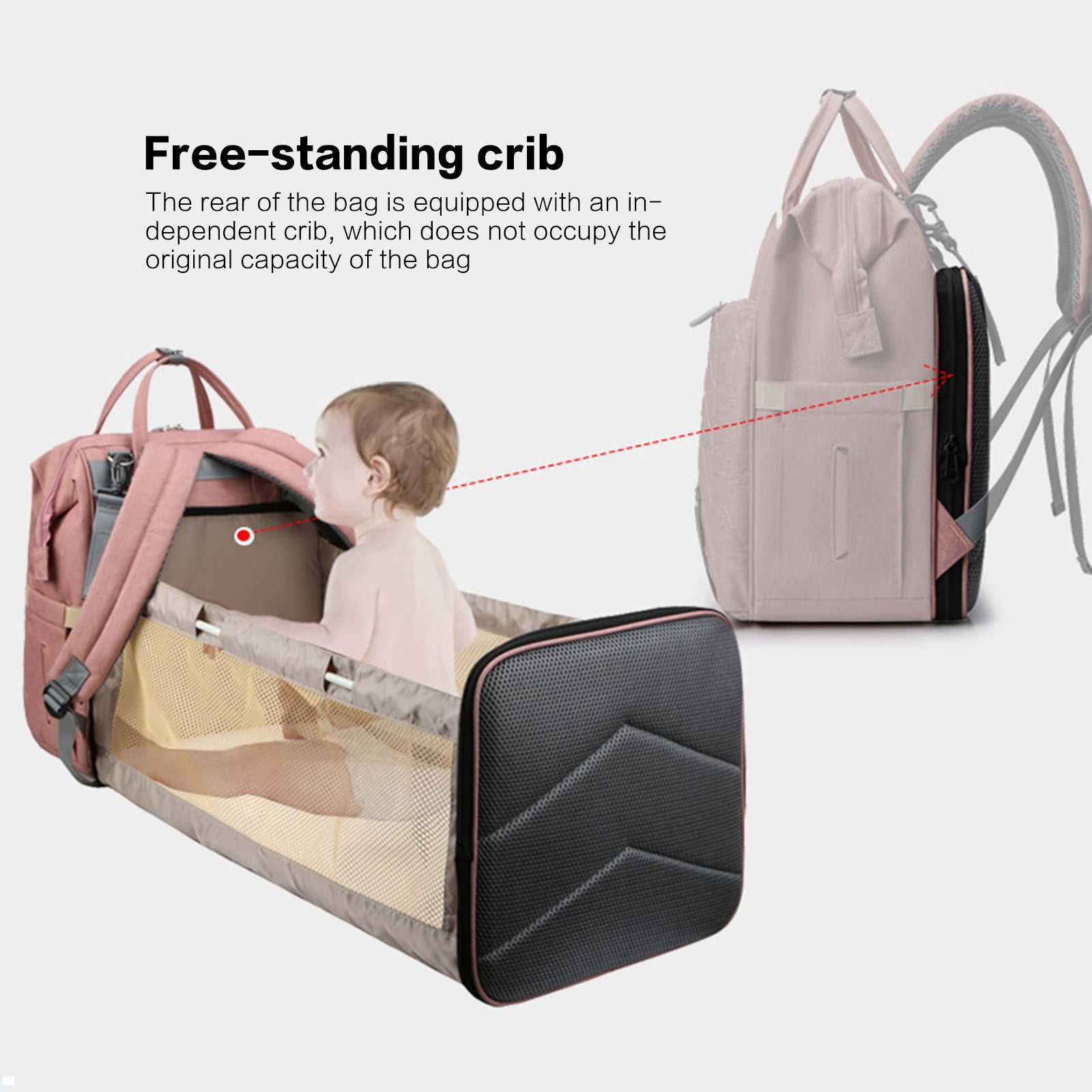 Baby Diaper Bag Backpack with Foldable Bed Changing Bed Bag with Changing Mat &Stroller Straps Portable Large Capacity for Travel Baby Supplies