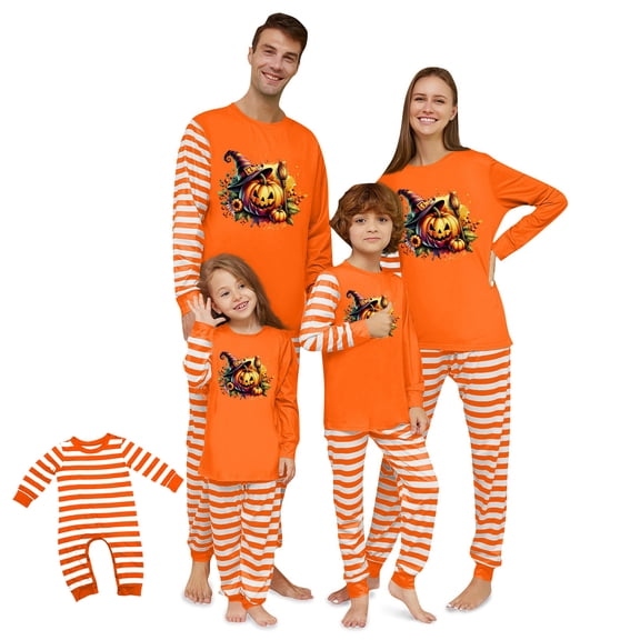 Onlypjs Matching Family Halloween Pajamas Orange Striped Jack O Lantern Sleepwear Pjs Sets for Adults Women Men Couples Festive Loungewear