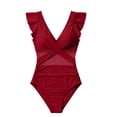 thumbnail image 4 of Tummy Control Swimsuits for Women One Piece Swimsuit Push Up Bathing Suits Ruffle Full Coverage Slimming Swimwear Wine XL(XL), 4 of 5