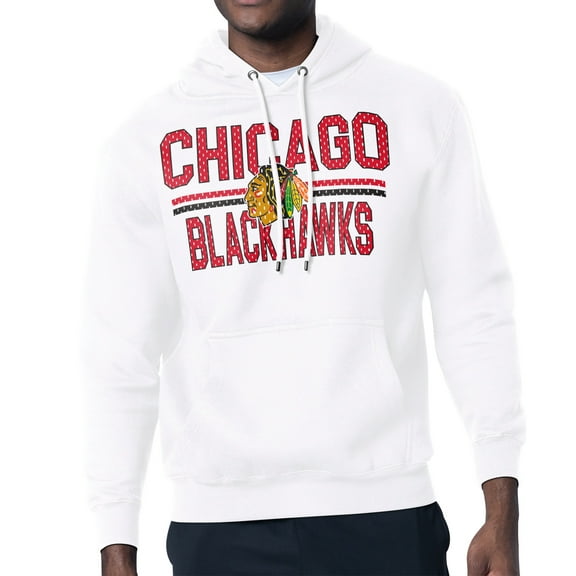 Men's Starter White Chicago Blackhawks Mesh Look Team Name Logo Tri-Blend Pullover Hoodie