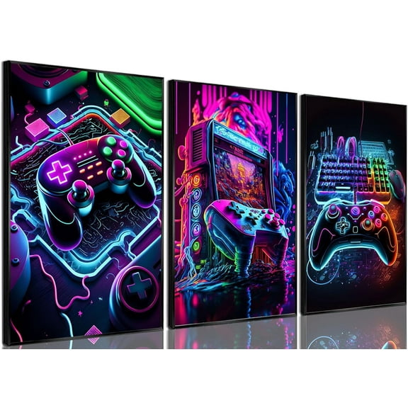 3pcs Game Room Decor Neon Gaming Posters Wall Art Gamer Accessories Theme Canvas Print Game Console Painting Picture for Children Youth Game Boys Bedroom Teen Wall Decor Unframed 16"x24"x3