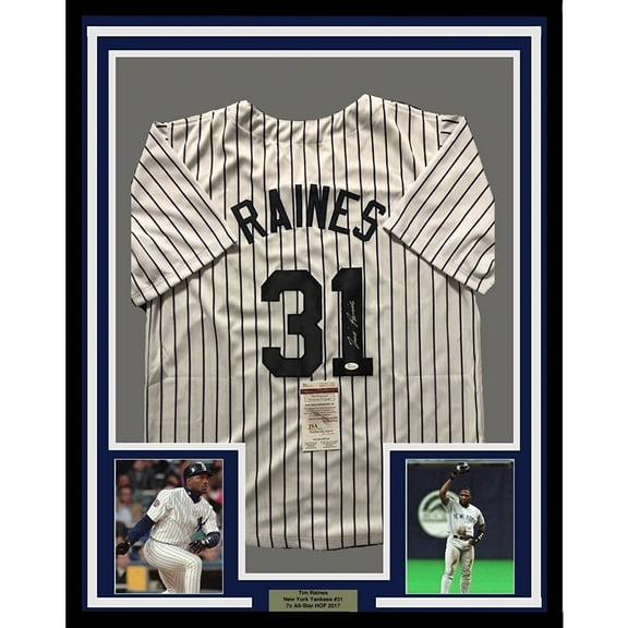 Framed Autographed/Signed Tim Raines 35x39 New York Pinstripe Baseball Jersey JSA COA