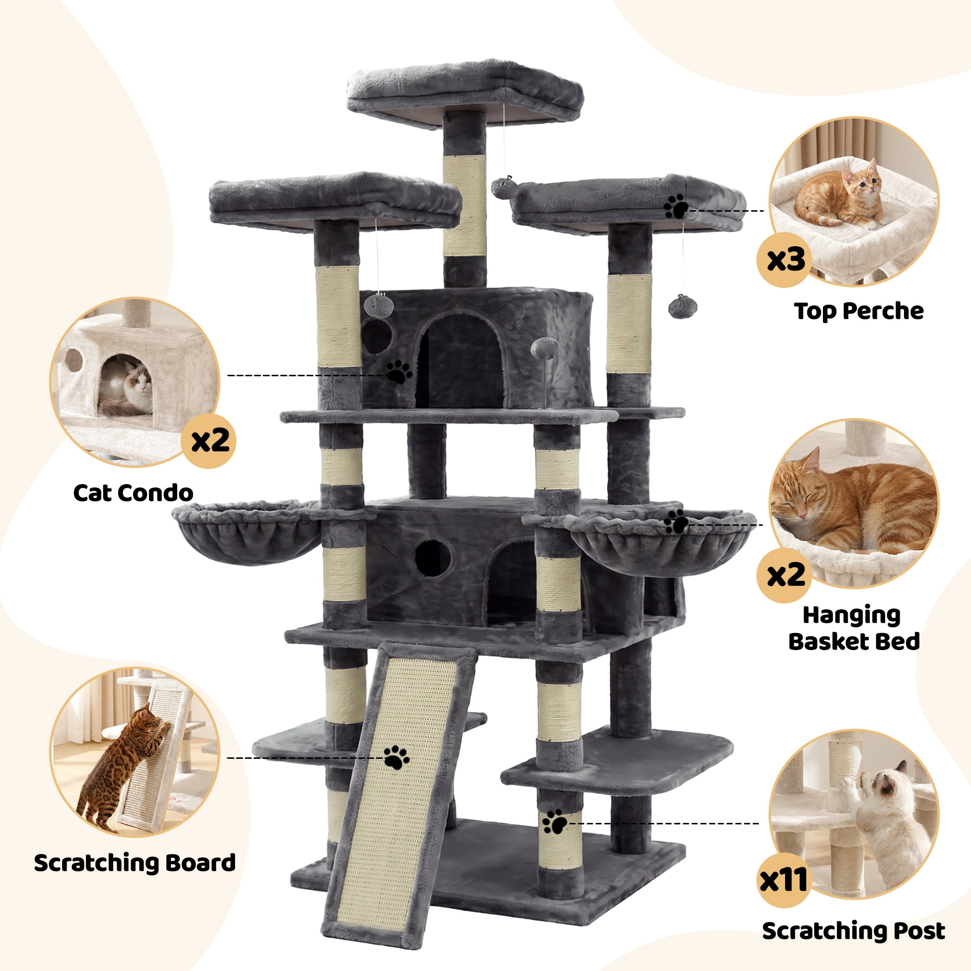 FOOWIN 70.8" Large Cat Tree, Multi-Level Cat Tower with Sisal Scratching Posts, Cat Activity Center Cat Play House, Dark Blue