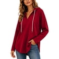 thumbnail image 2 of Hoodies for Women Zaewscy Women's V-neck Hooded Sweatshirt Long Sleeved Drawstring Hooded Pullover Casual Loose Fall And Winter Curved Hem Sweatshirt Red L, 2 of 9
