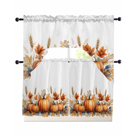 Pumpkins Fall Swag Kitchen Curtains Sets for Windows 24 Inch Length, Thanksgiving Maple Leaf Wheat Short Window Curtain Panels Swags Valances and Tiers 3 Piece Set for Cafe/Dining Room