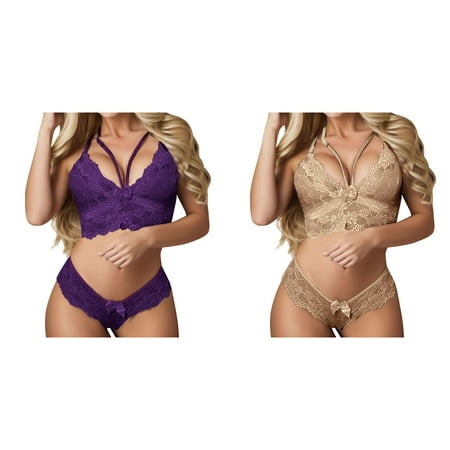 2-Pack Women Plus Size Lingerie Corset Lace Floral Bralette Bra Two Piece Underwear Lace Lingerie Set Shorts Lace Underwear Set Women Push up Bustier Lingerie Set Lace up Lace Long Sleeve Lingeri