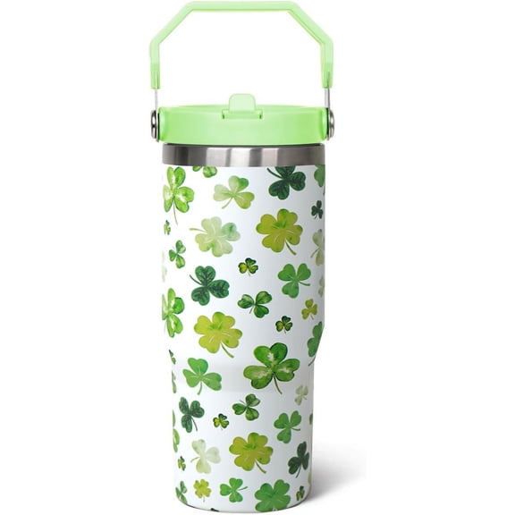 30oz St. Patrick''s Day Tumbler with Handle & Flip Lid - Green Irish Shamrocks Travel Mug, Coffee Cup, Water Bottle - Gift for Women, Men - Holiday Decor