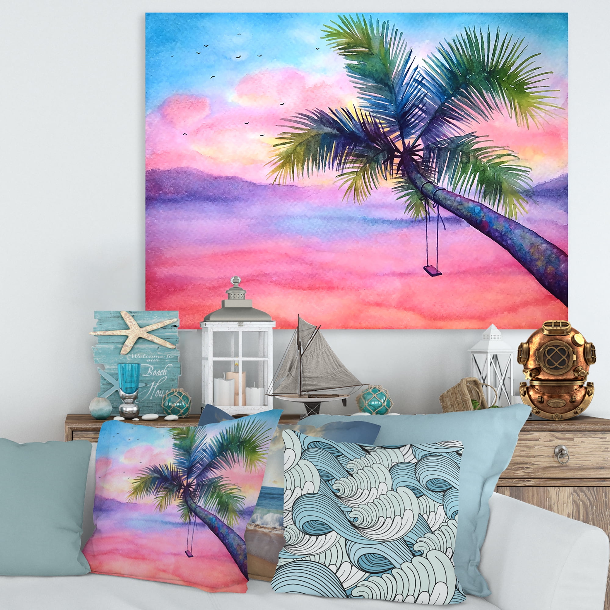 Designart ' Vivid Sunset Landscape With Swing and Palm ' Nautical & Coastal Canvas Wall Art Print