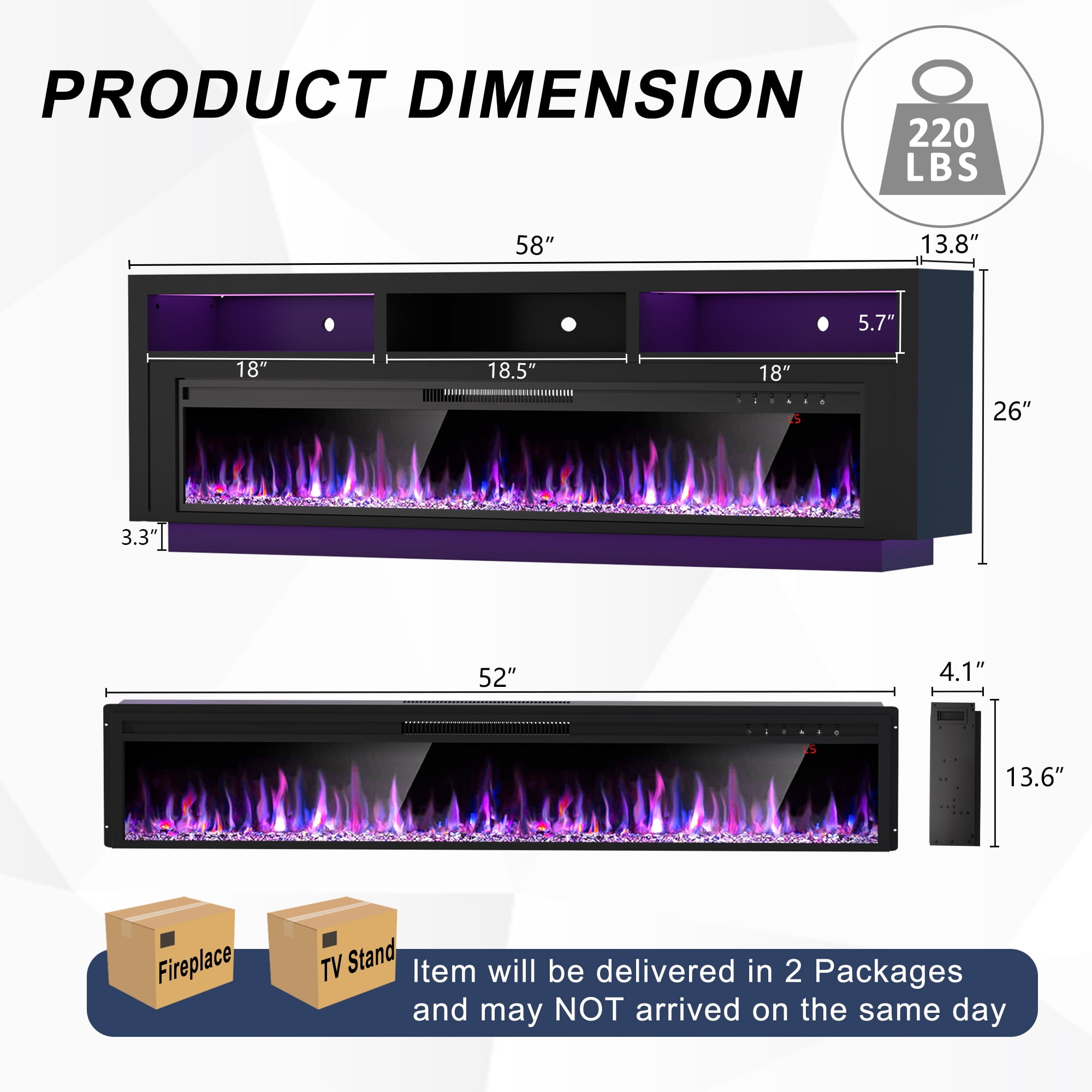 HARIPUL 58'' Fireplace TV Stand w/ LED Light & Storage Cabinet, Electric Fireplace for TVs up to 65 inches, Black