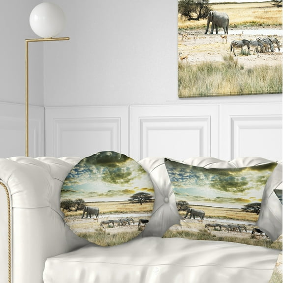 Designart Wild African Zebras and Elephant - African Throw Pillow - 12x20