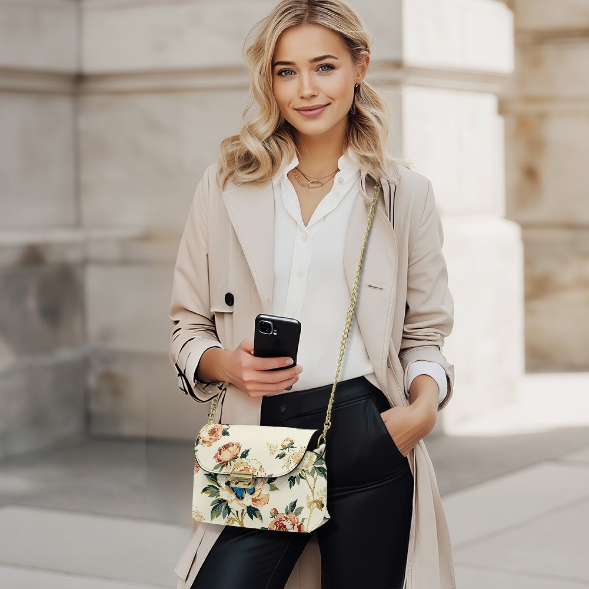 TSOVTHRID Butterfly Peony Flower White Print Small Crossbody Purse for Women Trendy Leather Crossbody Bag Going-out Shoulder Handbags with Detachable Chain Strap