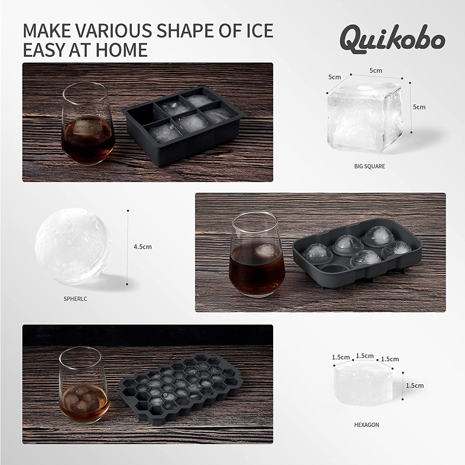 Ice Cube Tray, Ice Trays for Freezer With Lid, 3 Pack Silicone Large Round Ice Cube Tray, Sphere Square Honeycomb Ice Trays for Whiskey With Covers&Funnel,Reusable Ice Cube Trays BPA-Free Gray
