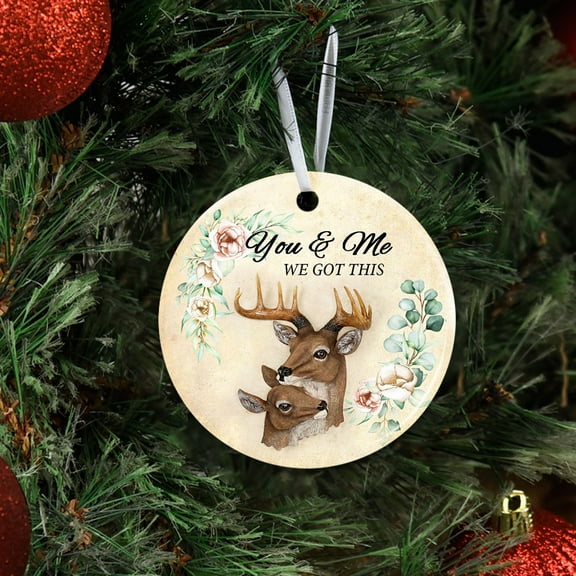 Flagwix Christmas Ornaments|Christmas Tree Decoration| Deer Couple You And Me We Got This |Christmas Gifts, Ceramic Ornaments With Ribbon - Circle, 1 Pcs