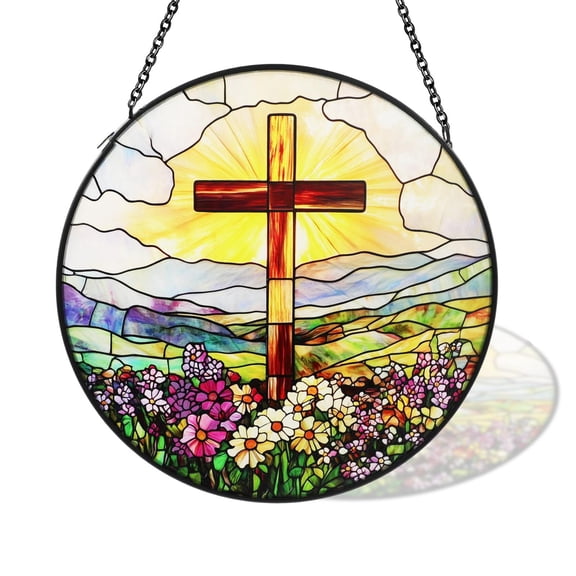 Sinkoo 8in Sun Catcher Stained Glass Window Hanging, Cross and Wildflowers Suncatcher Christian, Flower Cross Gift for Religious Easter Faith Christian Gifts Religious Home Decor