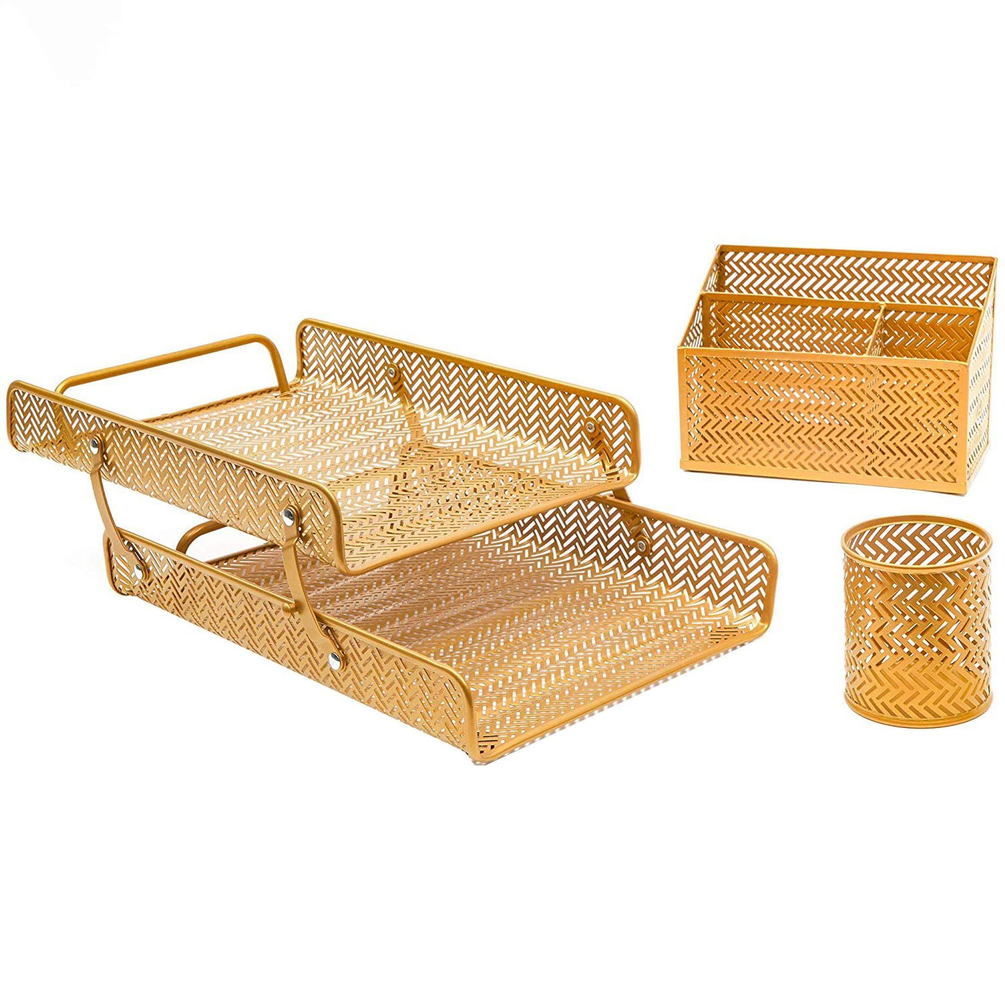 3 Piece Metal Mesh Desk Organizer Accessories Set included 2 Layer Tray