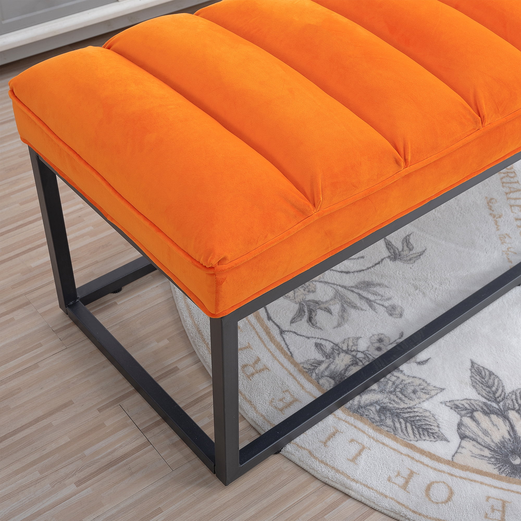 Kadyn Metal Base Upholstered Bench, PU Ottoman Bench for Entryway, Modern PU Bench for Bedroom, Orange