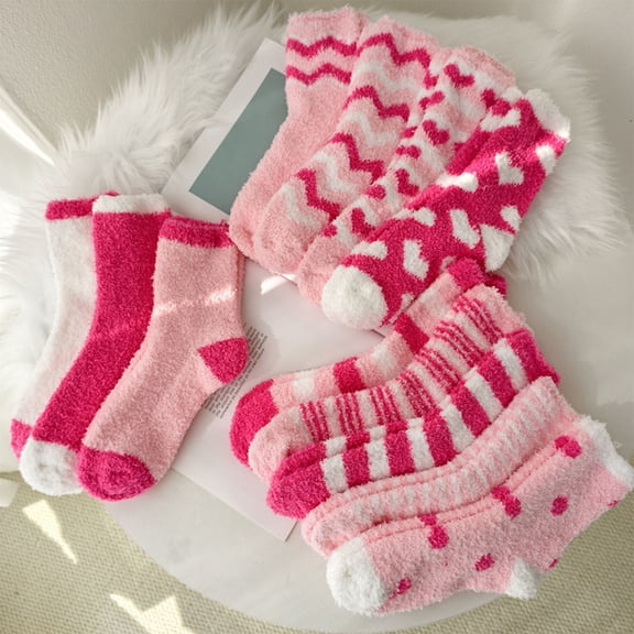 Womens Adorable Pink Patterned Fuzzy Socks with Hearts Stripes And Polka Dots Fuzzy Socks for Women, Soft Comfy Cozy Fluffy Thick Winter Warm Fleece Slipper Socks A