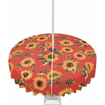 Outdoor Tablecloth with Umbrella Hole and Zipper 60R Summer Vintage Sunflowers Red Background Table Cover for Round Tables Waterproof Tabletop Collection for Patio Garden Picnic Camping