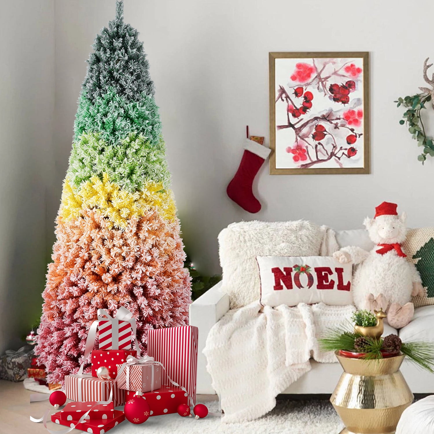 6ft Rainbow Gradient Flocked Christmas Tree 1326 Tips Metal Stand Unique Holiday Decor