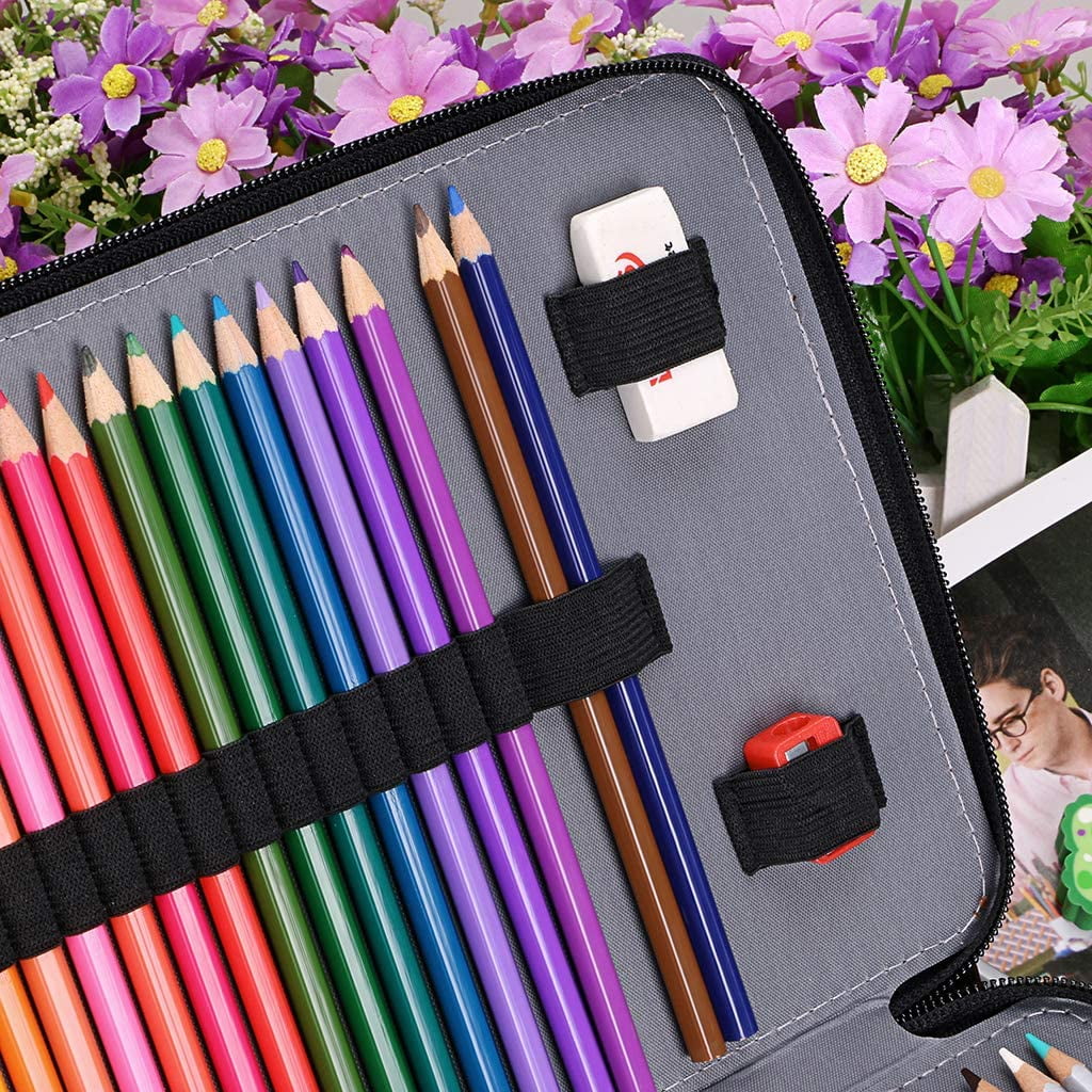 200 Slots Colored Pencil Organizer - Deluxe PU Leather Pencil Case Holder with Removal Handle Strap Pencil Box Large for Colored Pencils Watercolor Pencils Brown