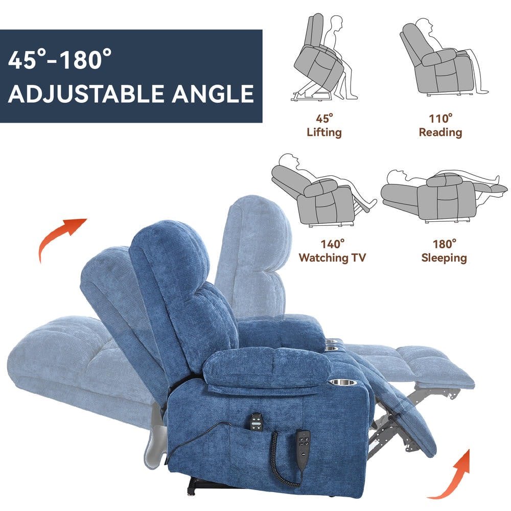 Resenkos Recliner 24.5" Wide with Dual Motors, Massage & Heat, Cup Holders, 350lb Capacity, Blue