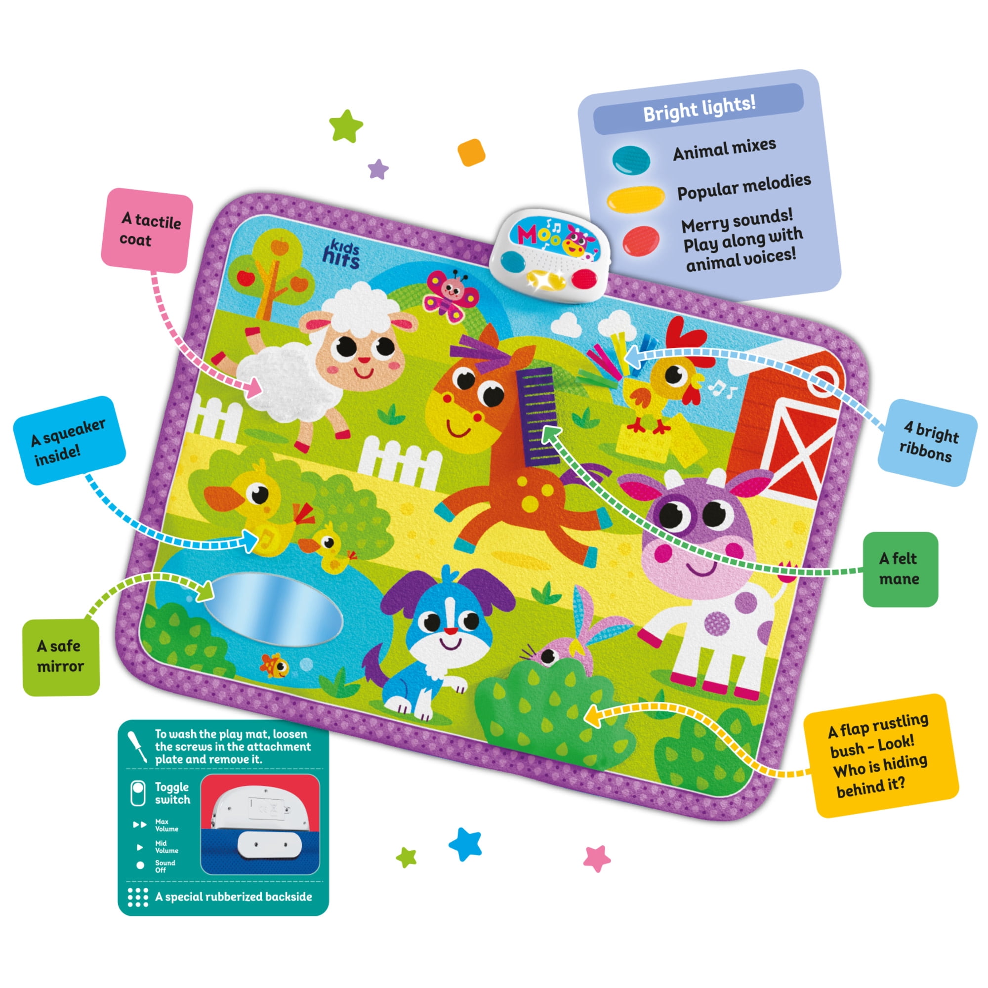 Kids Hits: Touch & Play Mat - Farm Friends - 31.5x23.6" Sensory Floor Pad, Lights-Animal Sounds-Songs Module, Tactile Learning Toy, Baby-Toddler 6Mo+