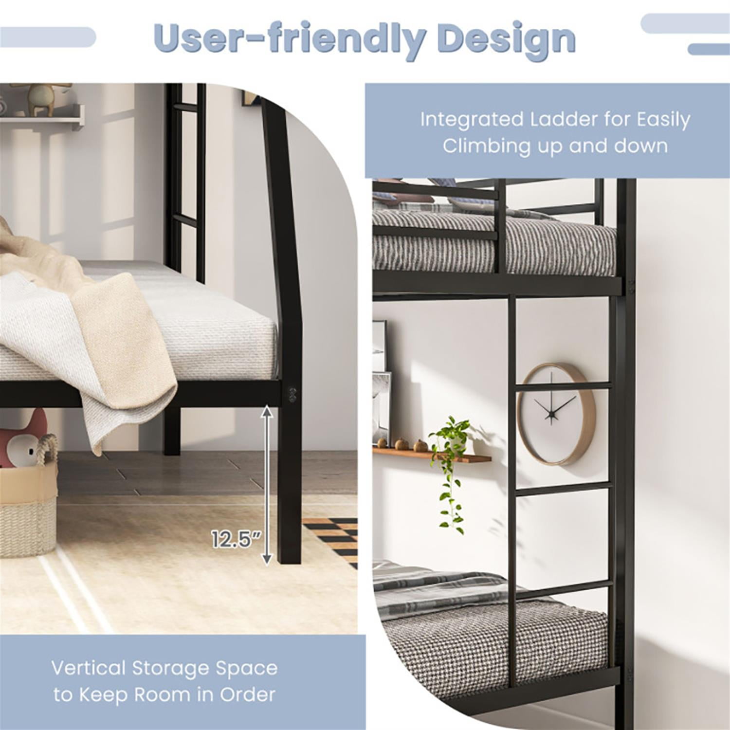 Demi Bonn Twin Over Full Bunk Bed with Safety Rail and Ladder, Twin Bunk Beds, Space-saving Metal Slatted Bed Frame, No Box Spring Needed, Black