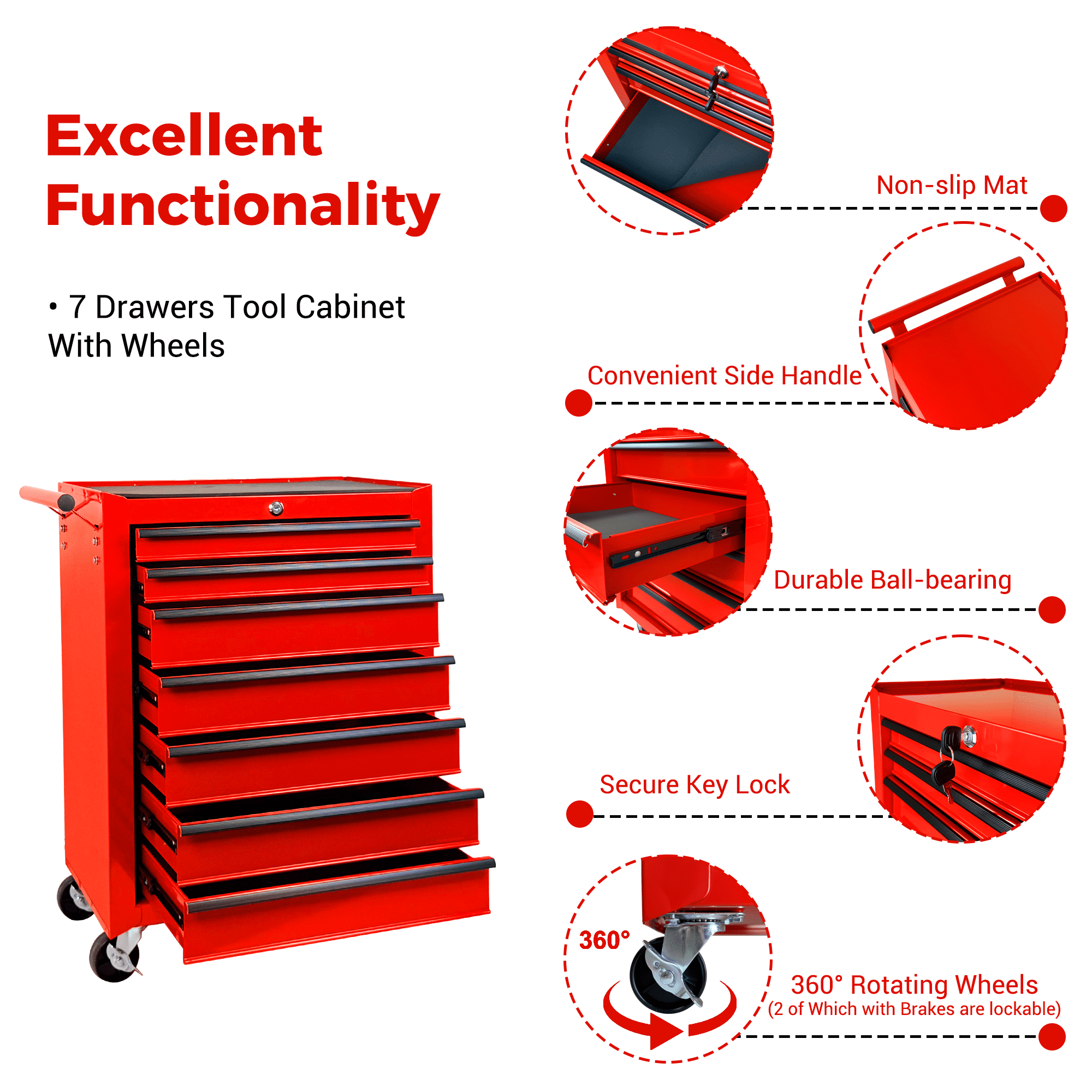 Rolling 20-Inch Metal Tool Chest with 7 Drawers and Ball Bearing Slides, Steel Tool Cabinet for Garage and Workshop, Red