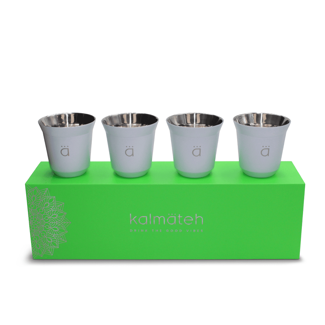 Kalmateh Double Wall Insulated Stainless Steel Espresso Coffee Cup Set, Pack of Four - Heat Resistant Espresso Coffee Cups- 2.7oz 80ml (White)