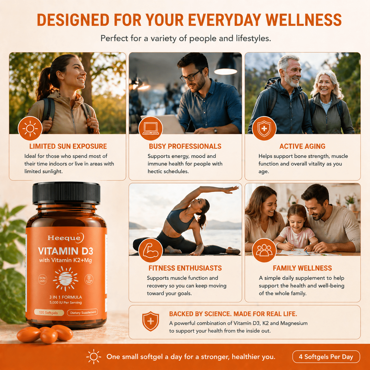 Heeque Vitamin D3 K2, D3 5000 IU, K2 200 mcg, with Magnesium Glycinate, Triple-Action High-Absorption Bone and Immune Support, 120 Softgels