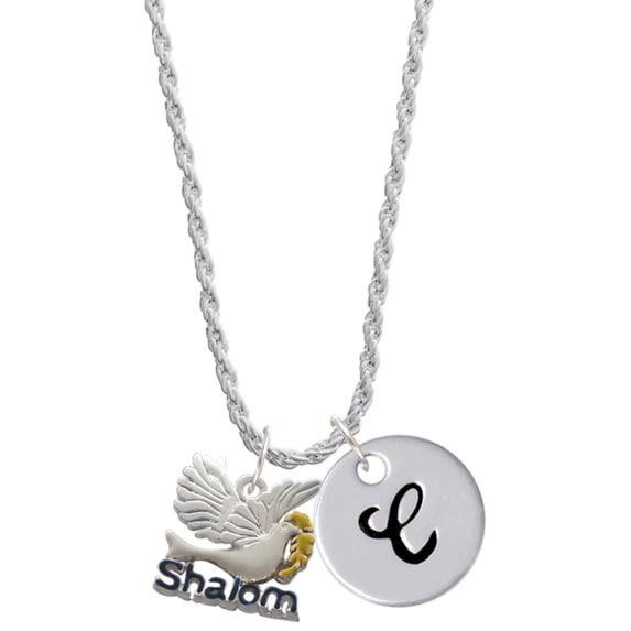 Delight Jewelry Silvertone Shalom with Dove Silvertone Script Initial Disc - C - Charm Necklace, 20"+3"