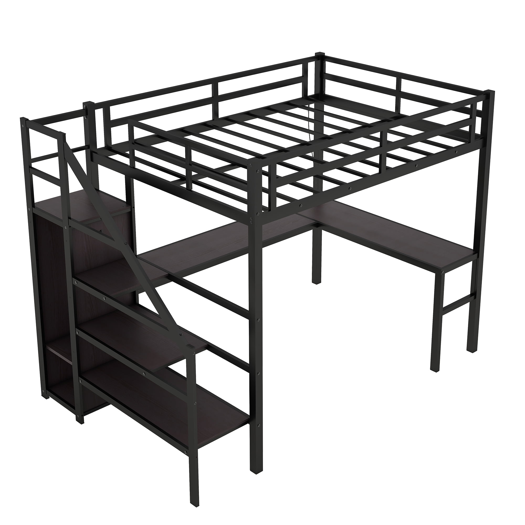 Aukfa Twin XL Loft Bed with L-Shaped Gaming Desk, Wardrobe, USB Ports & RGB Lights, Metal Loft Bed for Kids, Teens & Adults, Black