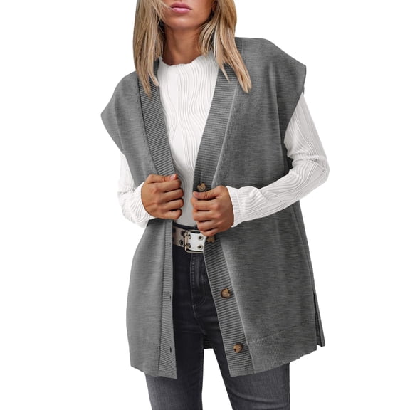 LILLUSORY Women V Neck Sweater Vest 2026 Fall Trendy Oversized Sleeveless Long Cardigan Casual Button Knit Vest Dress Tops Winter Fashion Office Work Outfits Cute Clothes Outwear Heather Grey S