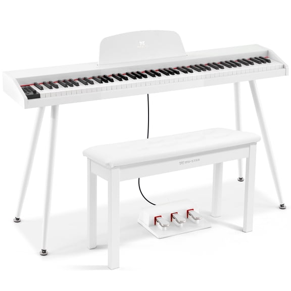 MUSTAR Full Size 88 Keys Semi Weighted Digital Piano Portable Electric Dual Keyboards USB/MIDI with Bench,Triple Pedal,4 Legged Stands(White)