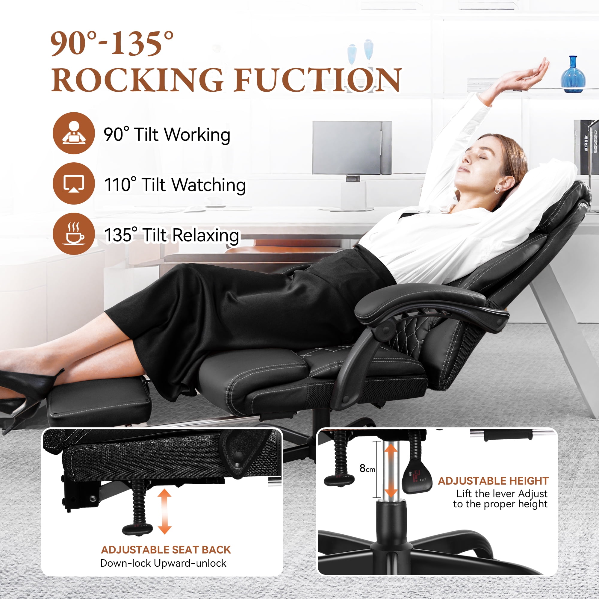 FASTES Executive Office Chair, Ergonomic Desk Chair with Adjustable Armrests, Big and Tall Office Chair Computer Leather Chair with Footrest and Lumbar Support, Black
