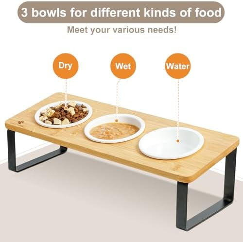 Raised Cat Food Water Bowl Elevated Tilted Kitty Dishes Set of 3 Ceramic Dish for Indoor Cats Orthopedic Pet Food Stand Reduces Vomiting 3 Bowl Cat Feeder Easy Assembly(Wood Color)