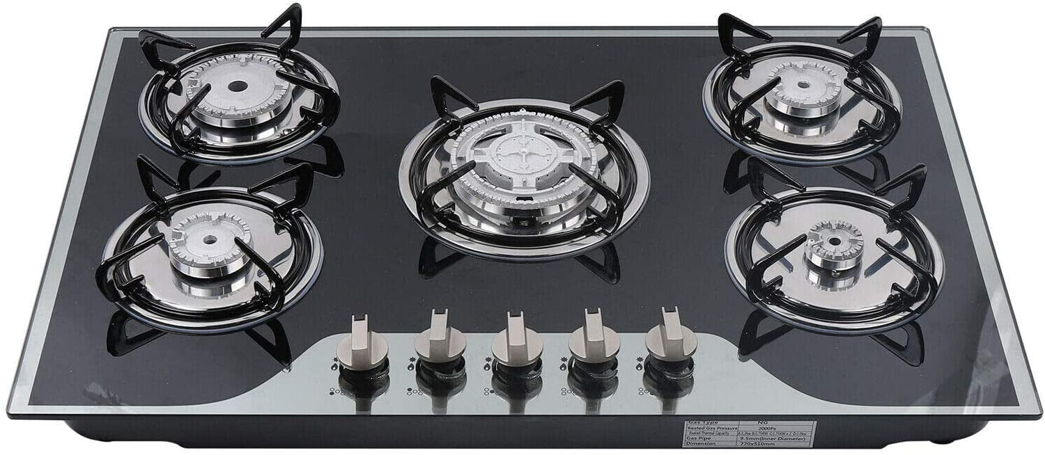 gas hob 5 burner black glass