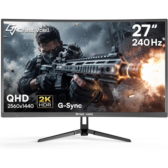 Greatvoell 27 Inch 1440p QHD 240Hz Curved Gaming Monitor, 1ms MPRT, FreeSync, HDR VA Panel, 1500R, 98% sRGB, HDMI 2.0 & DisplayPort 1.4, VESA