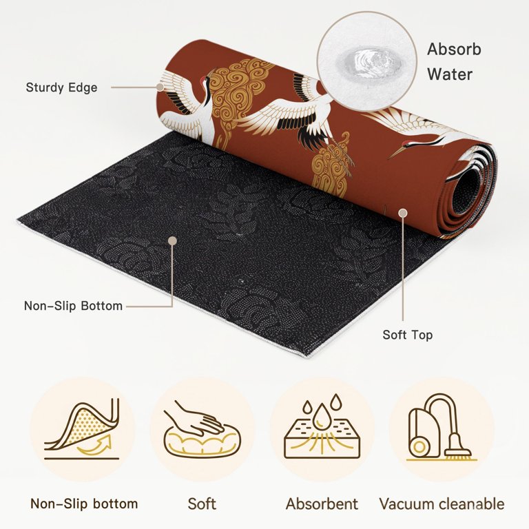 Washable Round Rugs 4ft White Crane Circle Rug Non-Slip Soft Non ...