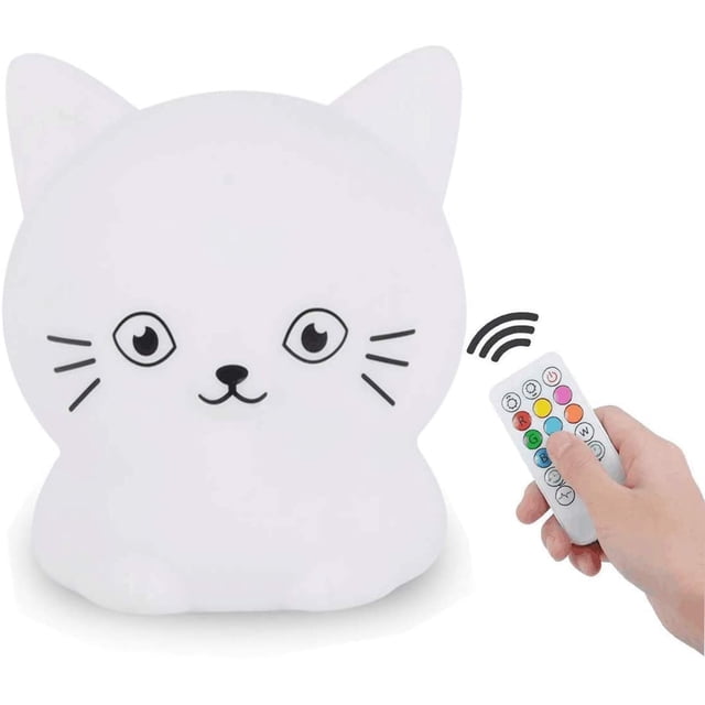 Luz nocturna para niños, lámpara de noche portátil de silicona, luz multicolor con control remoto, cuidado de los ojos, brillo y color ajustables, regalo de Navidad - gato Xemadio WLJ-0388