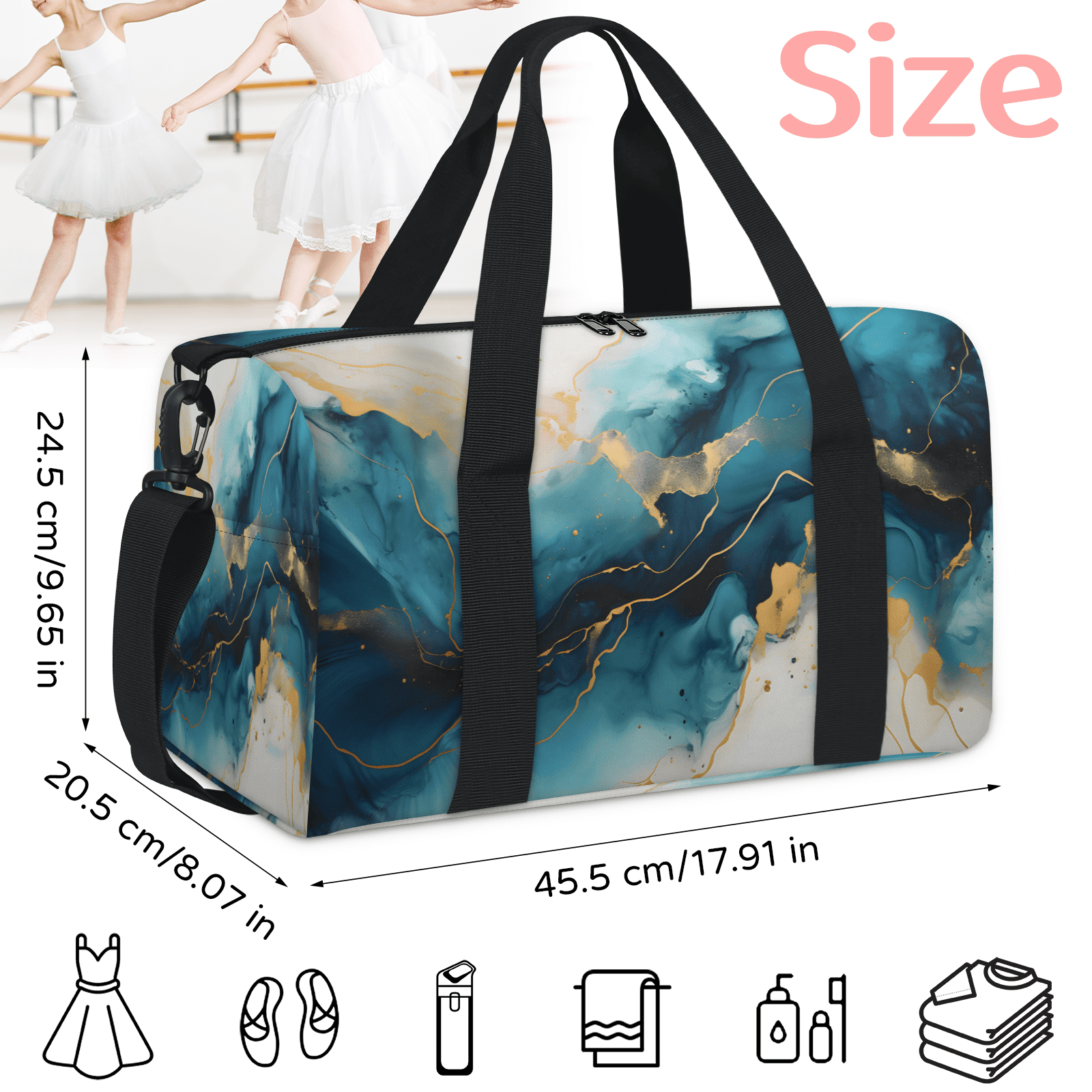 Herdesigns Dark Blue Marble Gym Bag for Women, Duffle Bag for Travel Sport, Lightweight Waterproof Carry on Weekender Overnight Dance Yoga Workout Bags
