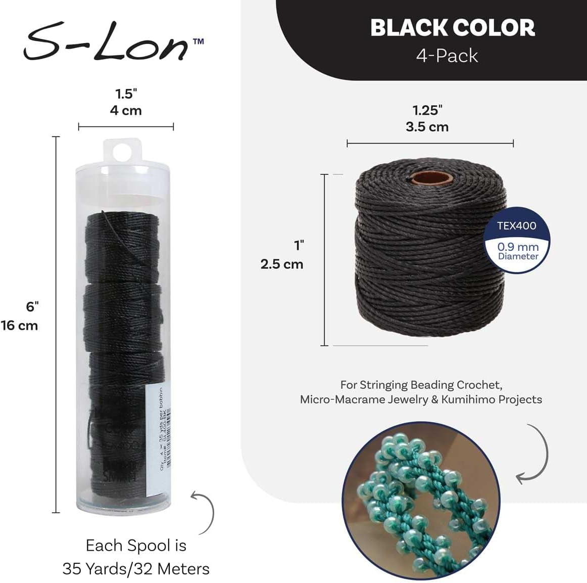The Beadsmith S-Lon Heavy Nylon Cord – Black Color – TEX400, .9mm Diameter, 4-Pack, 35 Yard Spools – For Stringing Beading Crochet, Micro-Macrame Jewelry & Kumihimo Projects