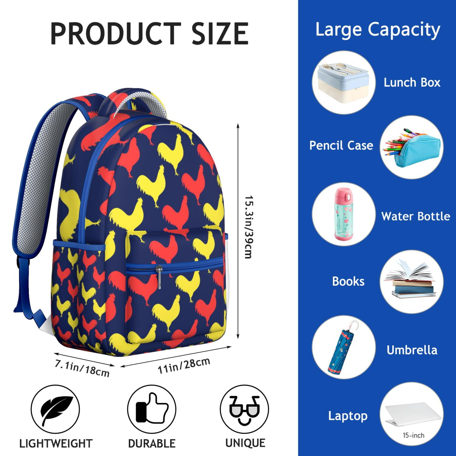 "Stylish Chicken Graphic Backpack - Spacious & Waterproof School Bag for Teens, Lightweight Laptop Backpack for High School & College, Trendy & Practical"