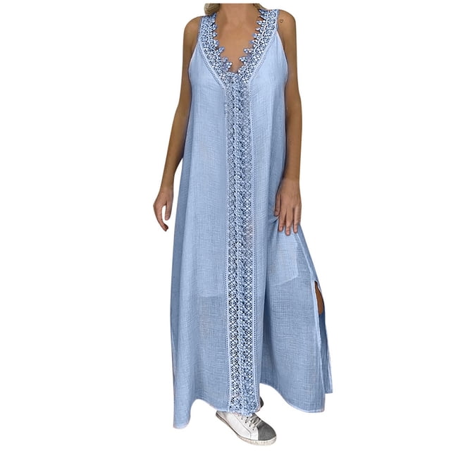 Weiqiqre Robes Fantaisie pour Femmes, Femmes Grande Taille Col en V Sans Manches Plage Ample Dentelle Patchwork Longue Robe Robe Maxi