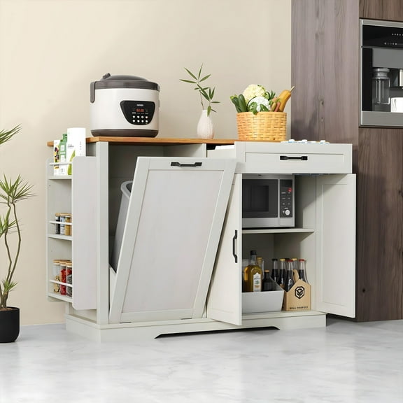 Uforic Kitchen Island Table with Drop Leaf & Wheels, Kitchen Island Cart with Trash Storage, White