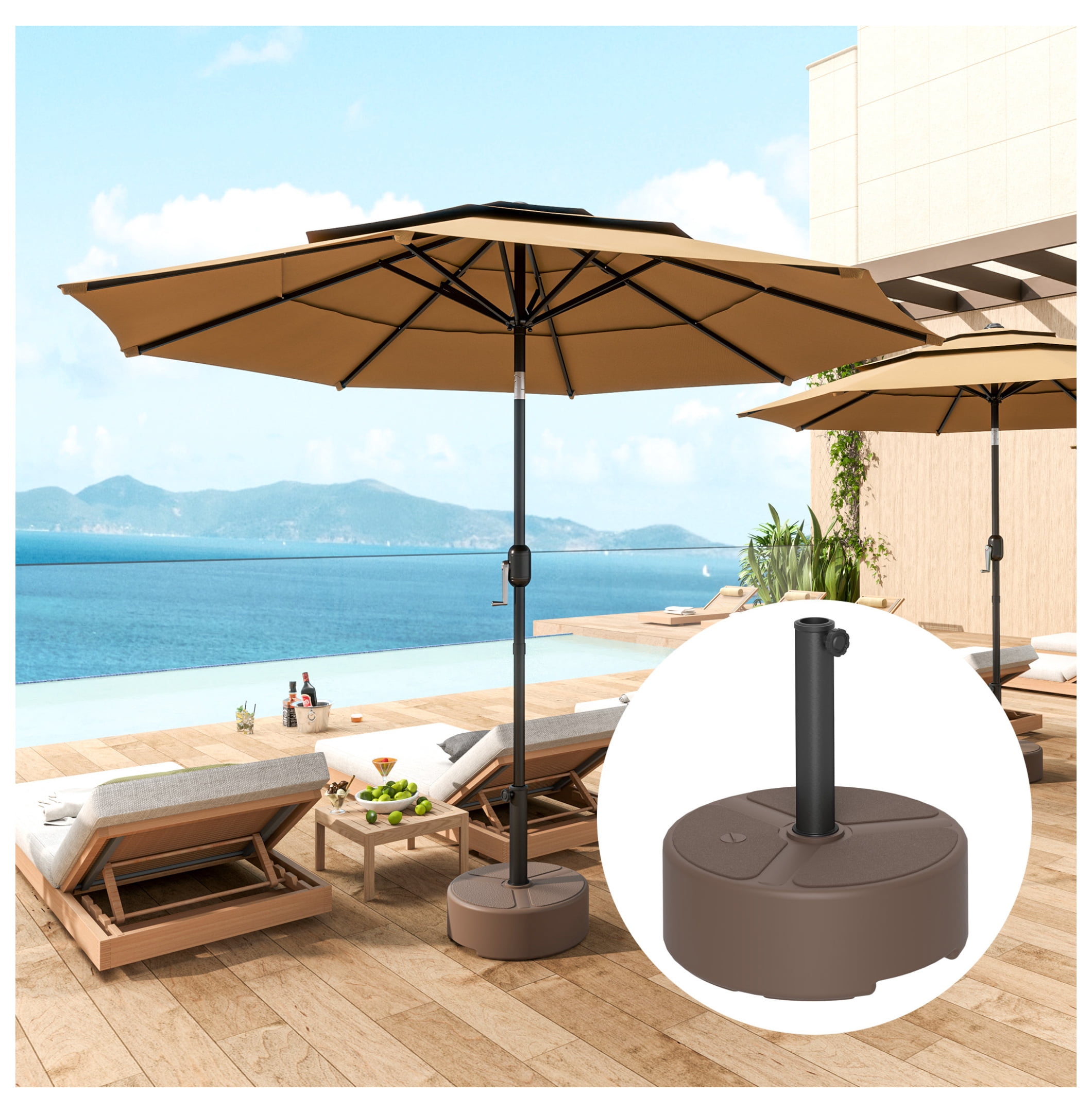 Round Patio Umbrella Base Holder, Heavy Duty Outdoor Umbrella Stand Base, Filled Up to 44lbs with Stand or 40lbs with Water for Garden, Poolside, Brown